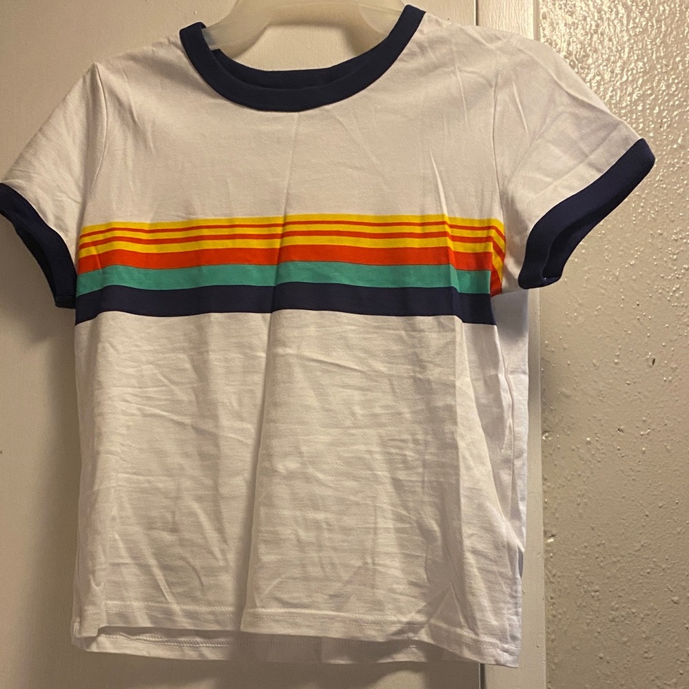 Forever 21 White Ringer Tee with Navy, Yellow, Orange & Teal Stripes Juniors